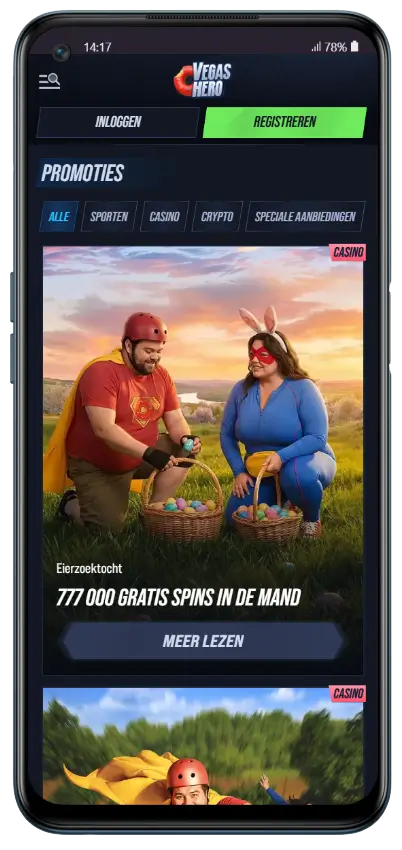 VegasHero promotiespagina met Paaspromotie actie '777.000 gratis spins in de mand' en filterknoppen voor Casino, Sporten, Crypto en Speciale aanbiedingen