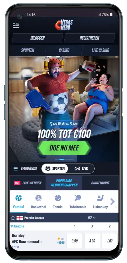 VegasHero mobiele homepage met Sport Welkombonus 100% tot €100, navigatie voor Sporten, Casino en Live Casino, en live wedstrijden uit de Premier League