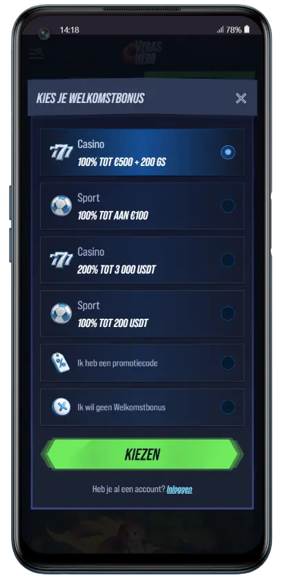 VegasHero registratiescherm met keuze uit welkomstbonussen: Casino 100% tot €500 + 200 GS, Sport 100% tot €100, Casino 200% tot 3000 USDT en Sport 100% tot 200 USDT